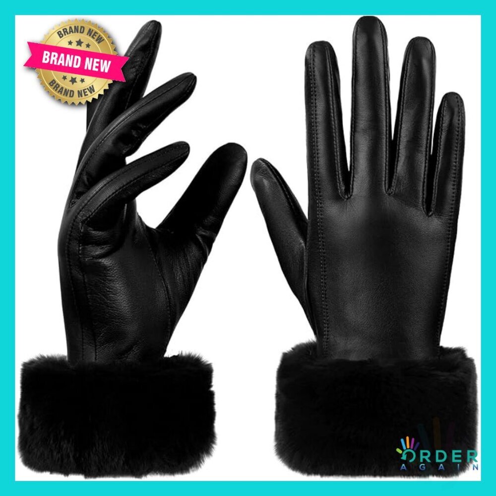 Leather Gloves with Rabbit Fur Cuff Touchscreen Warm Winter Driving Elegant